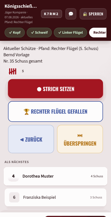 Schießliste am Handy: Striche setzen, Pfand vergeben