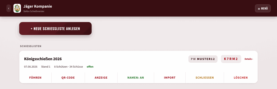 Verwaltung: ein angelegtes Schießen mit Code, Passwort und den Schaltflächen
              zum Führen, für den QR-Code und die Anzeige